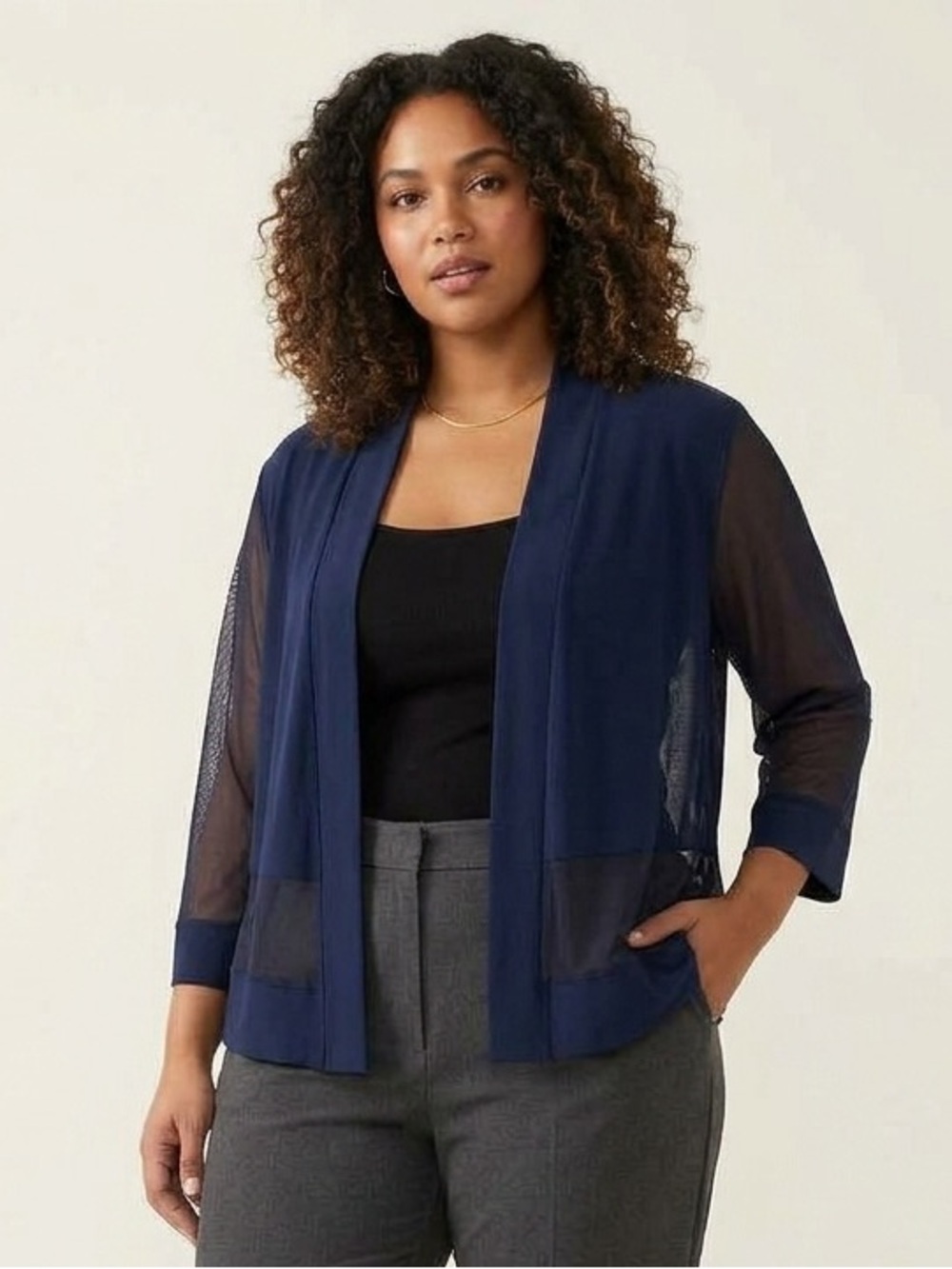 R & M Collection Navy Open-Front Sheer-Sleeve Cardigan